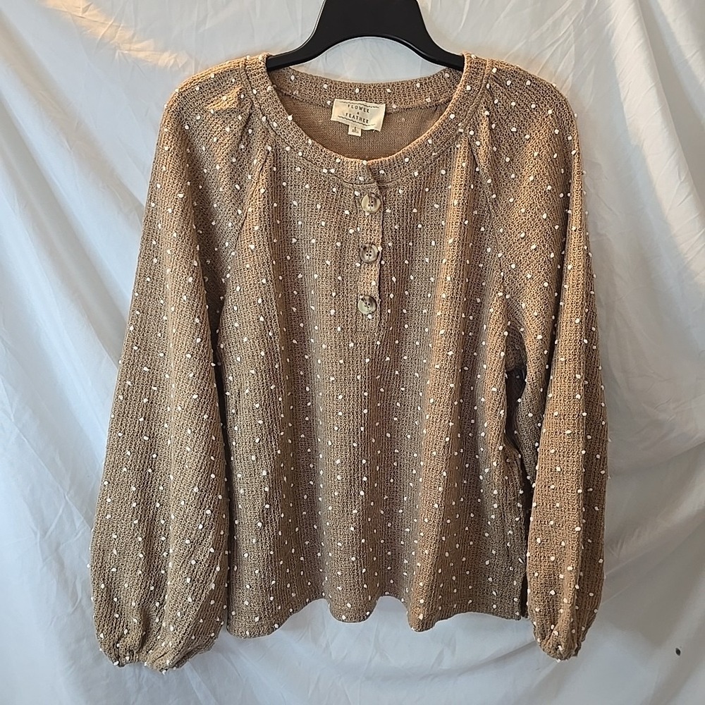 Flower & Feather 3D Polka Dot‎ Long Sleeve Pullover Sweater Brown Sz L Boho